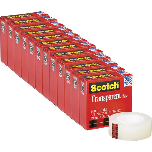 Scotch Transparent Tape - 3/4"W - 36 yd Length x 0.75" Width - 1" Core - Stain Resistant, Moisture Resistant, Long Lasting - For Multipurpose, Mending, Packing, Label Protection, Wrapping - 12 / Pack