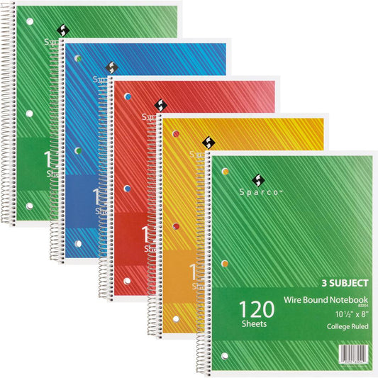 Sparco Wire Bound College Ruled Notebook - 120 Sheets - Wire Bound - College Ruled - Unruled Margin - 16 lb Basis Weight - 8" x 10 1/2" - Assorted Paper - AssortedChipboard Cover - Resist Bleed-throug