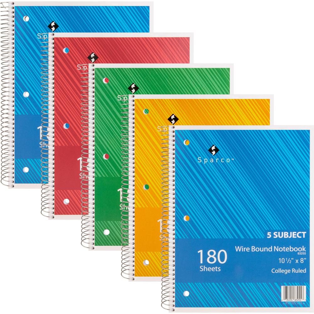 Sparco Wirebound College Ruled Notebooks - 180 Sheets - Wire Bound - College Ruled - Unruled Margin - 8" x 10 1/2" - Assorted Paper - AssortedChipboard Cover - Resist Bleed-through, Subject, Stiff-bac