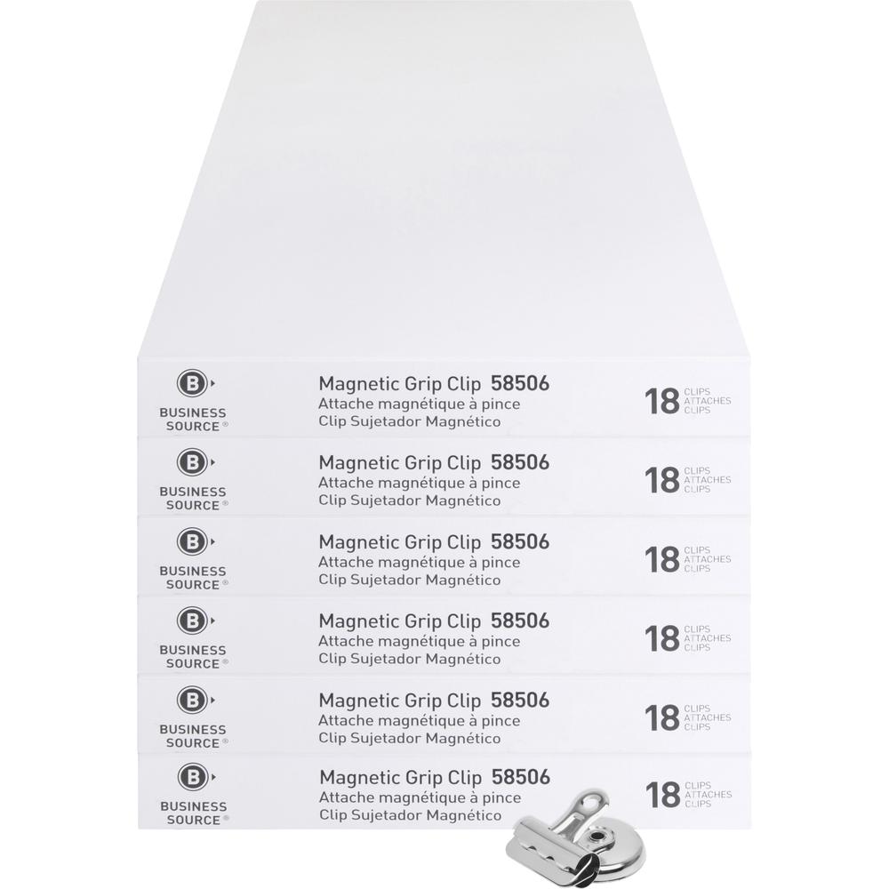 Business Source Magnetic Grip Clips Pack - No. 1 - 1.3" Width - for Paper - Magnetic, Heavy Duty - 108 / Bundle - Silver