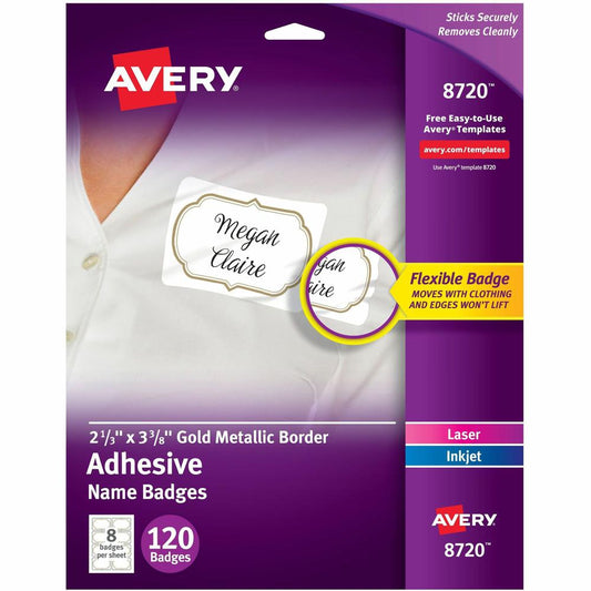 Avery&reg; Self-Adhesive Removable Name Tag Labels with Gold Metallic Border - 120 / Pack - 2.33" Holding Width x 3.38" Holding Height - Rectangular Shape - Flexible, Self-adhesive, Removable, Printab