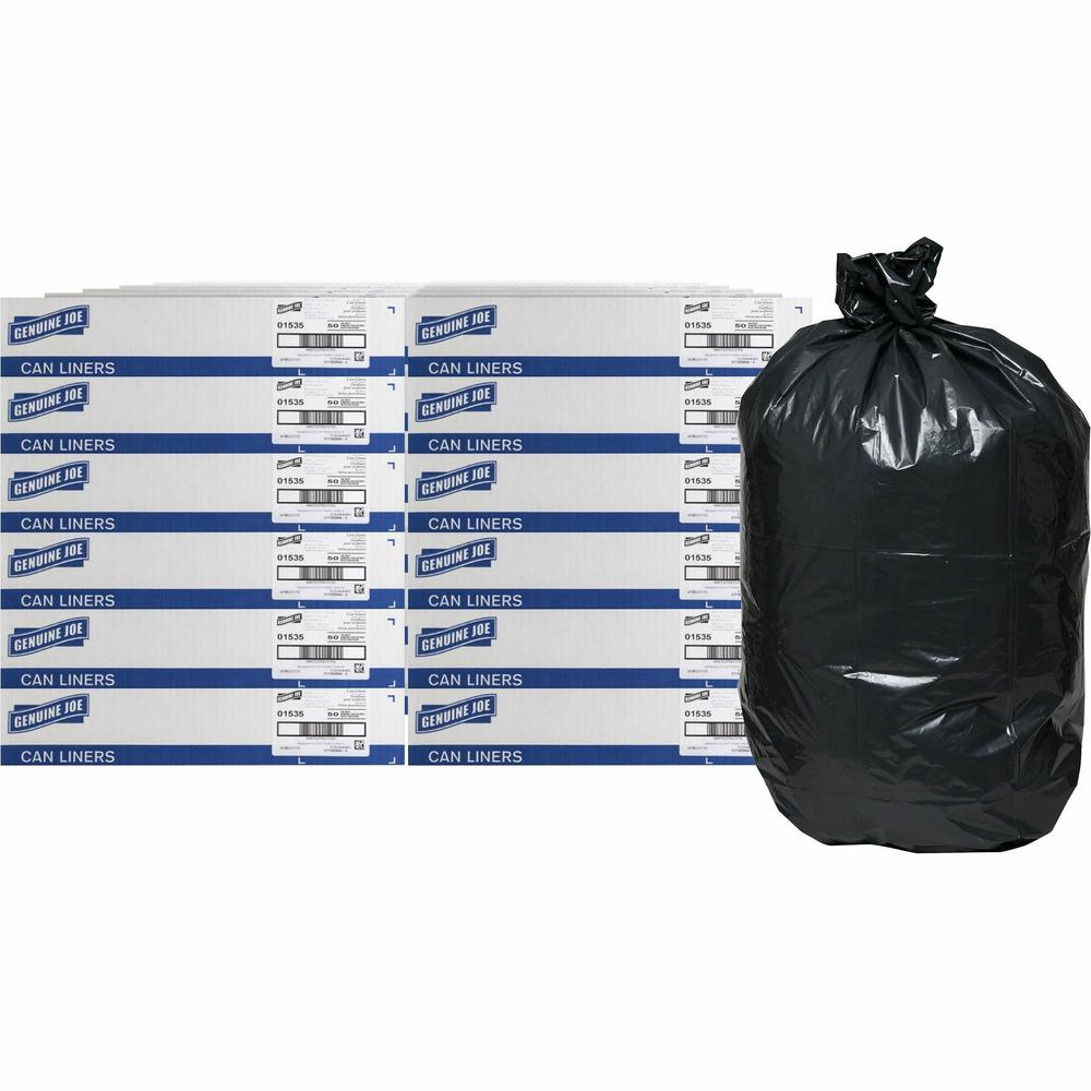 Genuine Joe Heavy-Duty Trash Can Liners - 60 gal Capacity - 39" Width x 56" Length - 1.50 mil (38 Micron) Thickness - Low Density - Black - Plastic Resin - 96/Pallet - 50 Per Box - Waste, Debris, Can