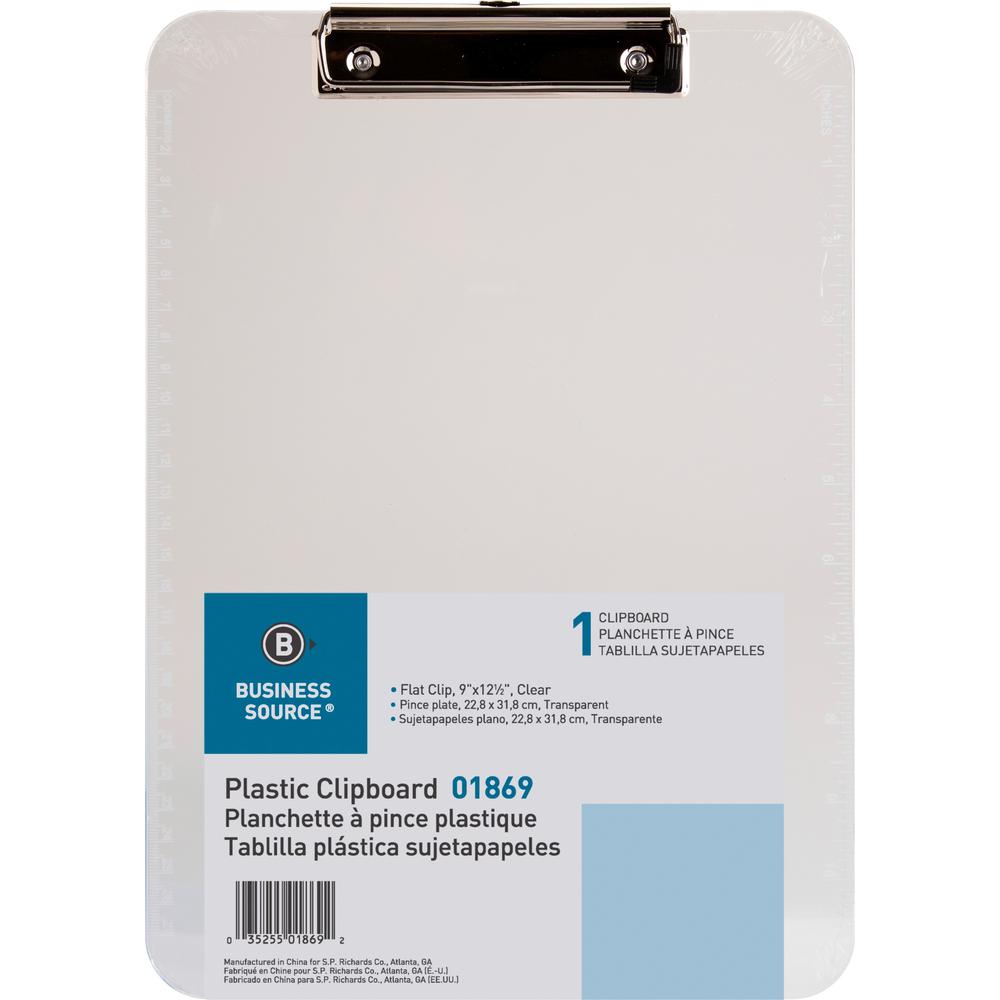 Business Source Flat Clip Clipboard - 9" x 12" - Plastic - Clear - 1 Each