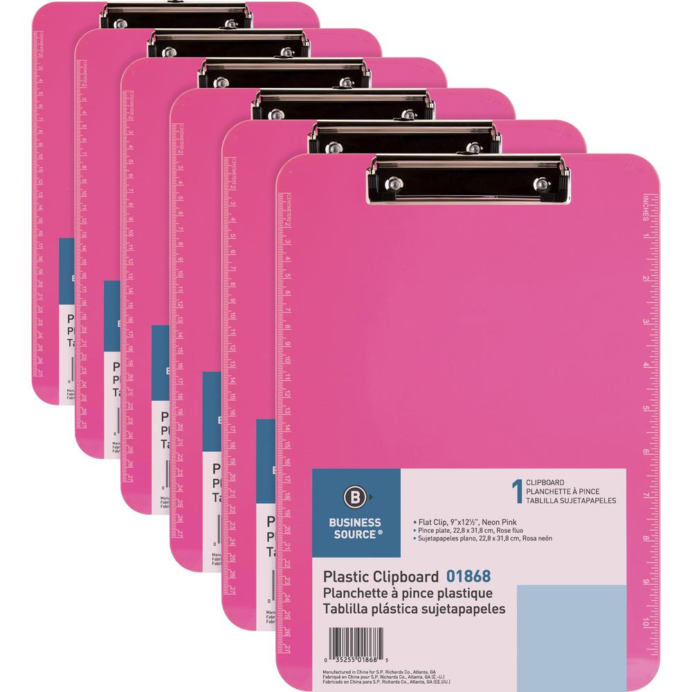 Business Source Flat Clip Clipboard - 9" x 12" - Plastic - Neon Pink - 6 / Bundle