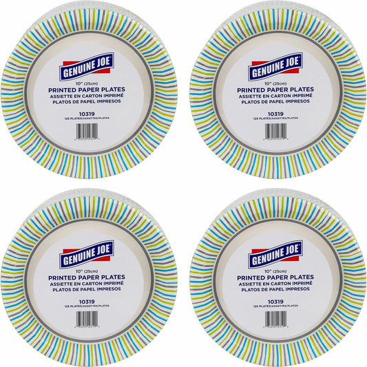 Genuine Joe 10" Printed Paper Plates - 125 / Pack - Disposable - Assorted - 4 / Carton