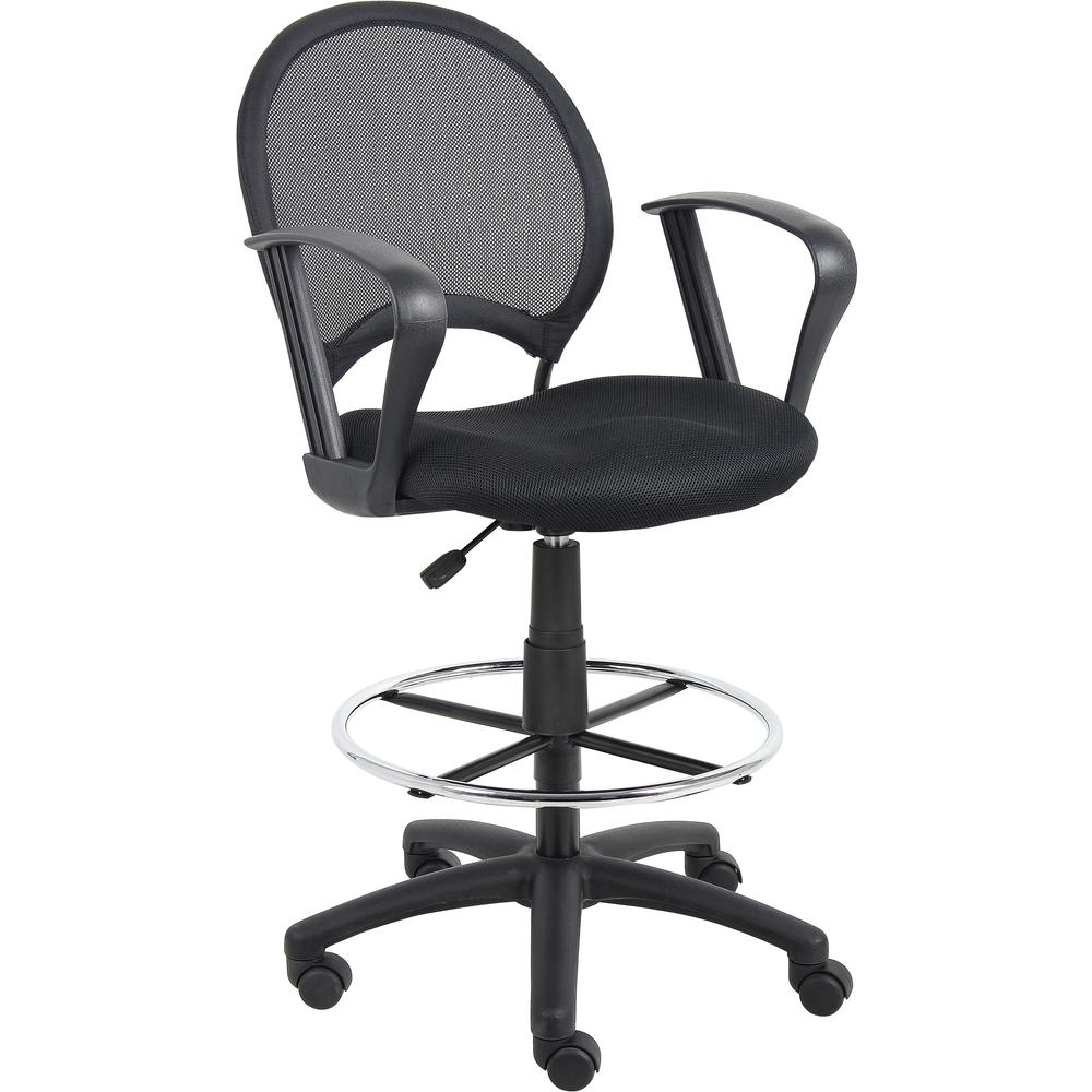 Boss Mesh Drafting Stool W/ Loop Arms - Black Mesh Fabric Seat - Black Mesh, Metal, Ballistic Nylon Back - 5-star Base - Armrest - 1 Each