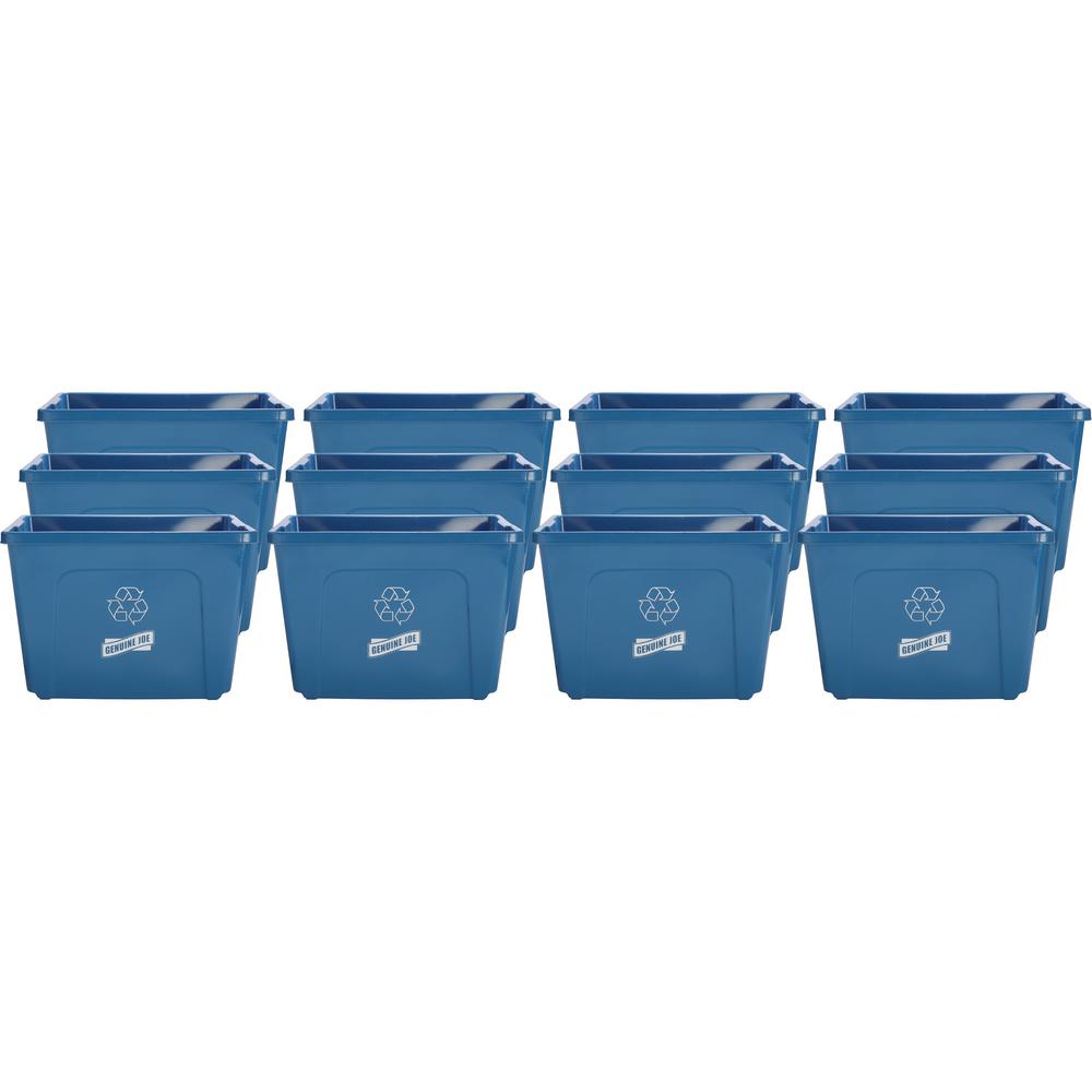 Genuine Joe 14-Gallon Recycling Bin - 14 gal Capacity - Rectangular - Durable, Lightweight - 14.5" Height x 19.5" Width x 15.4" Depth - Plastic - Blue - 12 / Carton