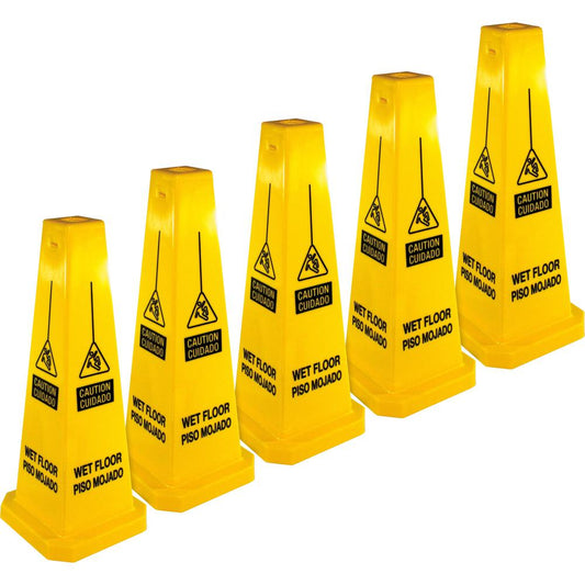 Genuine Joe Bright 4-sided Caution Safety Cone - 5 / Carton - 10" Width x 24" Height - Cone Shape - Stackable - Polypropylene - Yellow