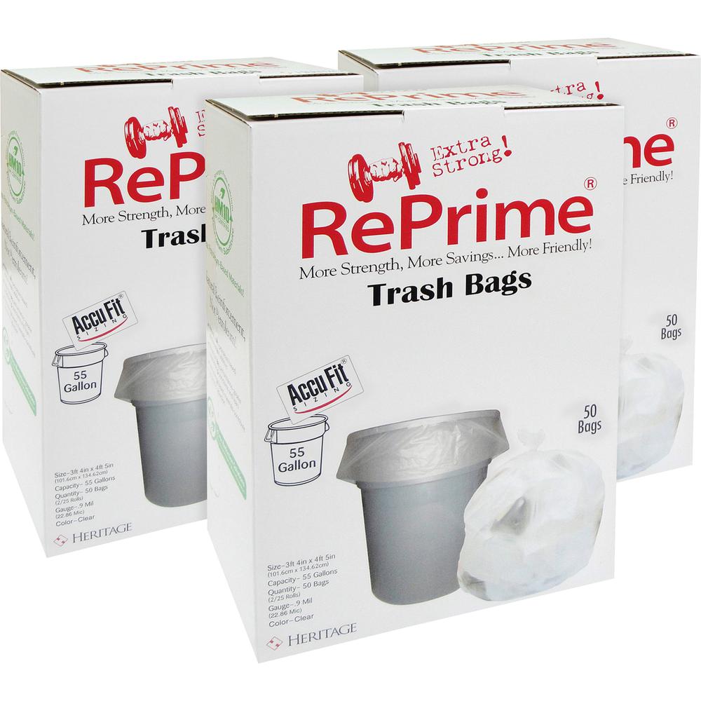 Heritage Accufit RePrime Can Liners - 55 gal Capacity - 40" Width x 53" Length - 0.90 mil (23 Micron) Thickness - Low Density - Clear - Linear Low-Density Polyethylene (LLDPE) - 3/Carton - 50 Per Box