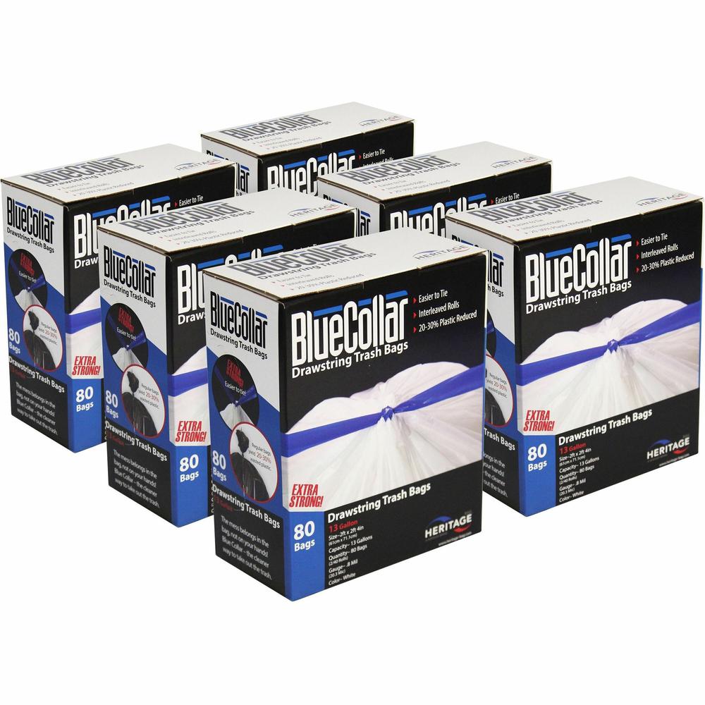 BlueCollar 13-gallon Drawstring Trash Bags - 13 gal Capacity - 24" Width x 28" Length - 0.80 mil (20 Micron) Thickness - Drawstring Closure - White - 6/Carton - 80 Per Box - Garbage