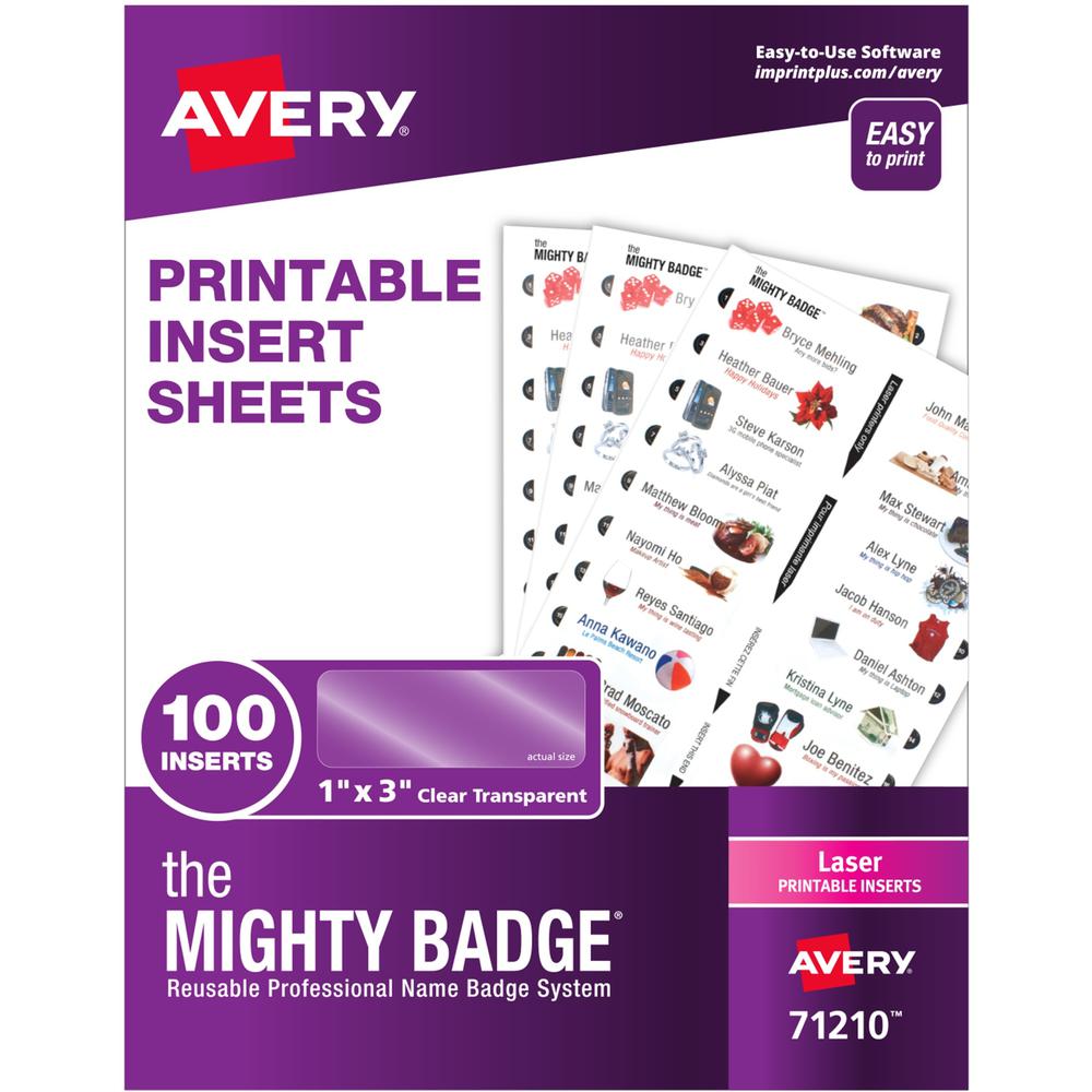 The Mighty Badge&reg; The Mighty Badge Printable Insert Sheets, 100 Clear Inserts, Laser - 1" x 3" - 100 / Pack - Printable, Non-adhesive, Easy Peel, Reusable - Clear