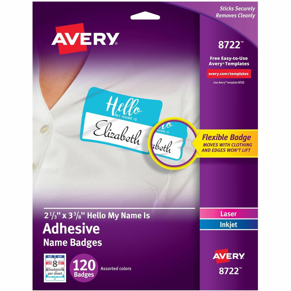 Avery&reg; Self-Adhesive Name Tags - "Hello My Name Is" - 11" Height x 8 1/2" Width - Removable Adhesive - Rectangle - Laser, Inkjet - White - Film - 8 / Sheet - 15 Total Sheets - 120 Total Label(s) -