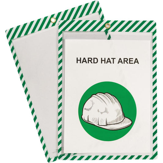 C-Line Safety Striped Shop Ticket Holders - 0.1" x 9.8" x 13.6" - Vinyl - 25 / Box - White, Green