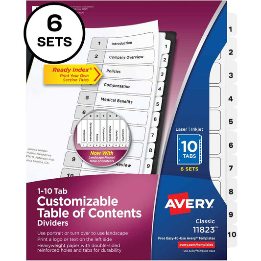 Avery&reg; Ready Index 10-tab Custom TOC Dividers - 60 x Divider(s) - 1-10, Table of Contents - 10 Tab(s)/Set - 8.5" Divider Width x 11" Divider Length - 3 Hole Punched - White Paper Divider - White P