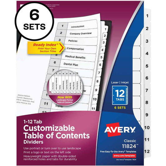 Avery&reg; Ready Index 12-tab Custom TOC Dividers - 72 x Divider(s) - 1-12, Table of Contents - 12 Tab(s)/Set - 8.5" Divider Width x 11" Divider Length - 3 Hole Punched - White Paper Divider - White P