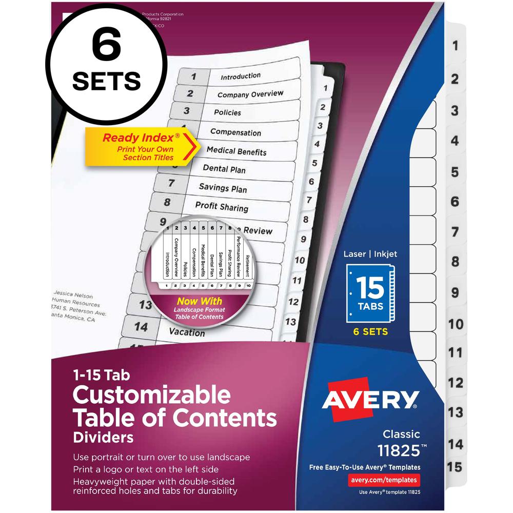 Avery&reg; 15-tab Custom Table of Contents Dividers - 90 x Divider(s) - 1-15, Table of Contents - 15 Tab(s)/Set - 8.5" Divider Width x 11" Divider Length - 3 Hole Punched - White Paper Divider - White