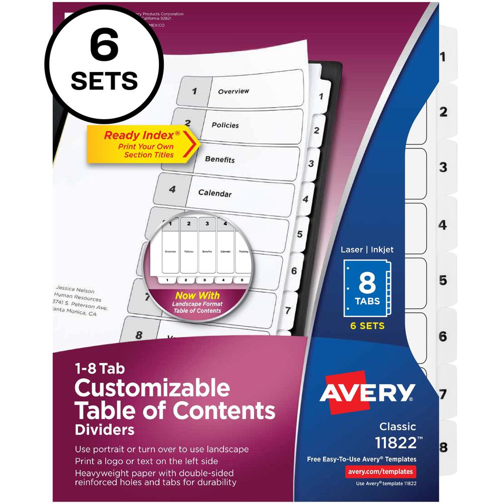 Avery&reg; 8-tab Custom Table of Contents Dividers - 48 x Divider(s) - 1-8, Table of Contents - 8 Tab(s)/Set - 8.5" Divider Width x 11" Divider Length - 3 Hole Punched - White Paper Divider - White Pa