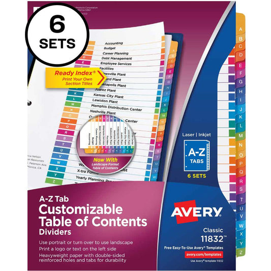 Avery&reg; A-Z Customizable Multicolor TOC Dividers - 156 x Divider(s) - A-Z, Table of Contents - 26 Tab(s)/Set - 8.5" Divider Width x 11" Divider Length - 3 Hole Punched - White Paper Divider - Multi