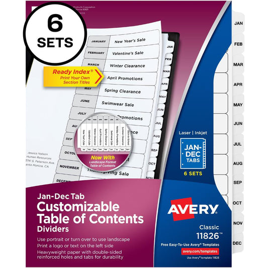 Avery&reg; Monthly Tab Table of Contents Dividers - 72 x Divider(s) - Jan-Dec, Table of Contents - 12 Tab(s)/Set - 8.5" Divider Width x 11" Divider Length - 3 Hole Punched - White Paper Divider - Whit