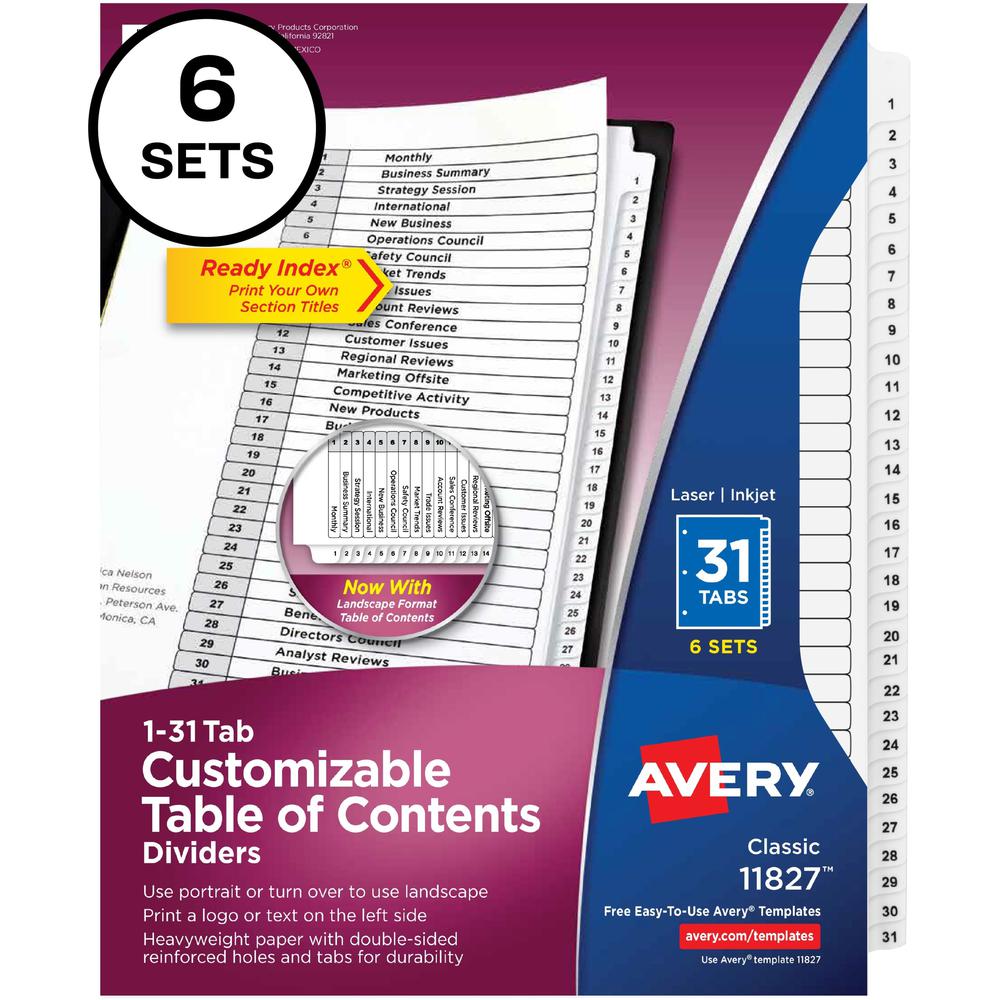 Avery&reg; 1-31 Custom Table of Contents Dividers - 186 x Divider(s) - 1-31, Table of Contents - 31 Tab(s)/Set - 8.5" Divider Width x 11" Divider Length - 3 Hole Punched - White Paper Divider - White