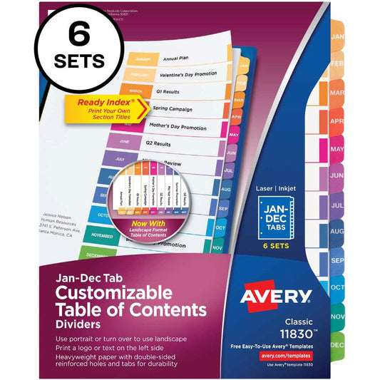 Avery&reg; Ready Index 12 Tab Dividers, Customizable TOC, 6 Sets - 72 x Divider(s) - Jan-Dec, Table of Contents - 12 Tab(s)/Set - 8.5" Divider Width x 11" Divider Length - 3 Hole Punched - White Paper