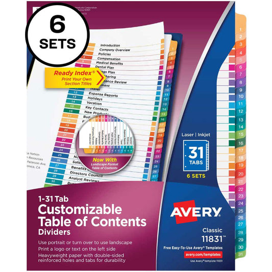 Avery&reg; Ready Index 31 Tab Dividers, Customizable TOC, 6 Sets - 186 x Divider(s) - 1-31, Table of Contents - 31 Tab(s)/Set - 8.5" Divider Width x 11" Divider Length - 3 Hole Punched - White Paper D