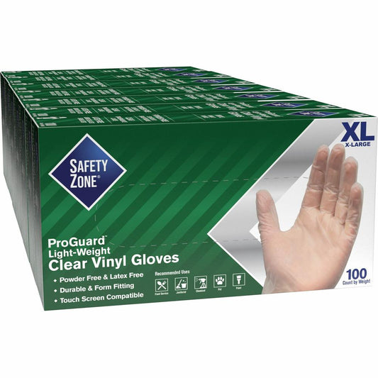 Safety Zone Powder Free Clear Vinyl Gloves - X-Large Size - Clear - Latex-free, DEHP-free, DINP-free, PFAS-free - For Food Preparation, Cleaning - 1000 / Carton - 9.25" Glove Length