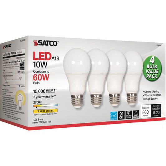 Satco 10W A19 LED 2700K Frosted Bulbs - 10 W - 60 W Incandescent Equivalent Wattage - 120 V AC - 800 lm - A19 Size - Warm White Light Color - E26 Base - 15000 Hour - 4400.3&deg;F (2426.8&deg;C) Color