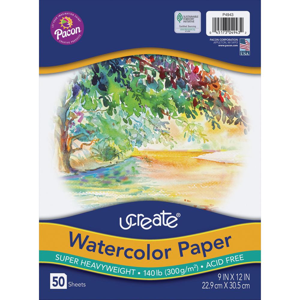 UCreate Watercolor Paper - 140 lb Basis Weight - 9" x 12" - White Paper - Acid-free, Recyclable - 50 / Pack