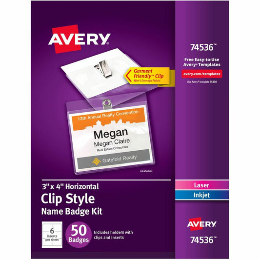 Avery&reg; Top-Loading Clip-Style Name Badges - 3" x 4" - 50 / Pack - Flexible, Reusable, Durable - White