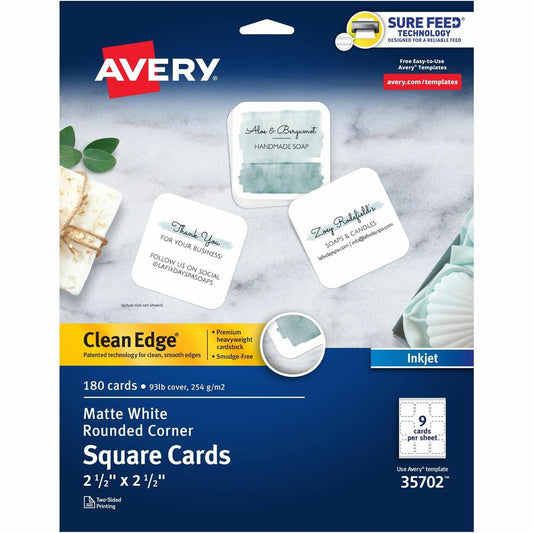 Avery&reg; Clean Edge Square Cards, Rounded Corners, 2.5" x 2.5" (35702) - 110 Brightness - 8 1/2" x 11" - 93 lb Basis Weight - 254 g/m&#178; Grammage - Matte - 180 / Pack - Printable, Rounded Corner,