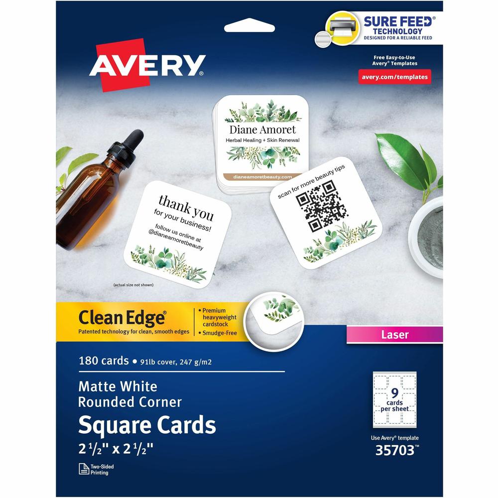 Avery&reg; Clean Edge&reg; Printable Square Cards with Sure Feed Technology, Rounded Corners, 2.5" x 2.5" , White, 180 Blank Cards for Laser Printers (35703) - Avery&reg; Clean Edge&reg; Square Cards,