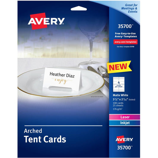 Avery&reg; Sure Feed Arched Tent Cards - 97 Brightness - 3 3/4" x 2 1/16" - 65 lb Basis Weight - 176 g/m&#178; Grammage - Matte - 5 / Pack - Printable, Scratch Proof, Die-cut, Perforated, Print-to-the