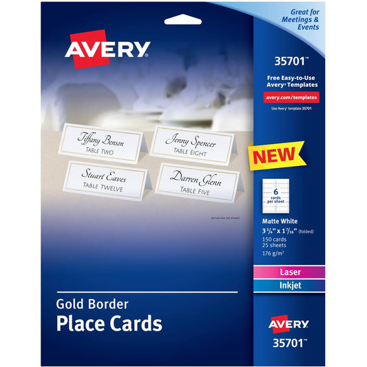 Avery&reg; Place Cards With Gold Border 1-7/16" x 3-3/4" , 65 lbs. 150 Cards - 97 Brightness - 3 3/4" x 1 7/16" - 65 lb Basis Weight - 176 g/m&#178; Grammage - Matte - 5 / Pack - Perforated, Print-to-