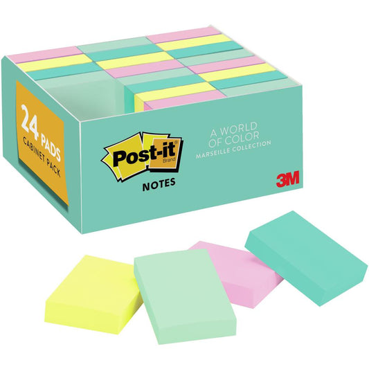 Post-it&reg; Greener Notes Value Pack - Beachside Cafe Color Collection - 1.50" x 2" - Rectangle - Positively Pink, Canary Yellow, Fresh Mint, Moonstone - Paper - Self-stick, Removable, Recyclable, Re