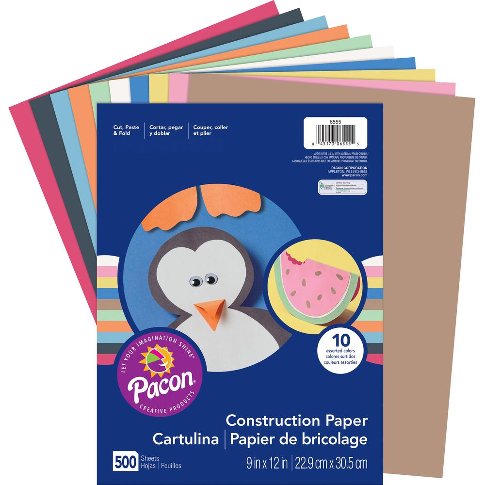 Prang Construction Paper - Art Project, Craft Project, Fun and Learning, Cutting, Pasting - 9"Width x 12"Length - 45 lb Basis Weight - 500 / Pack - Assorted