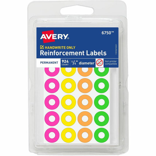 Avery&reg; Reinforcement Labels, 1/4" Diameter, Permanent Adhesive, Assorted Neon Colors, Non-Printable, 924 Page Reinforcement Stickers Total (6750) - Avery&reg; Reinforcement Stickers, 1/4" , Neon,