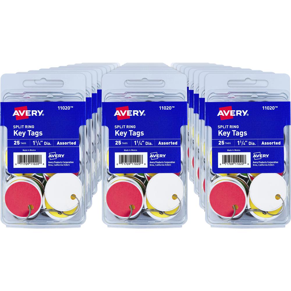 Avery&reg; Key Tag - 1.25" Diameter - Round - Metal Ring Fastener - 36 / Carton - Card Stock - Red, Green, Yellow, White