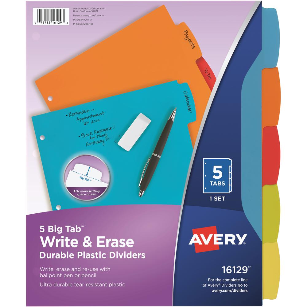 Avery&reg; Big Tab Write & Erase Durable Plastic Dividers - 5 x Divider(s) - 5 Write-on Tab(s) - 5 - 5 Tab(s)/Set - 8.5" Divider Width x 11" Divider Length - 3 Hole Punched - Multicolor Plastic Divide