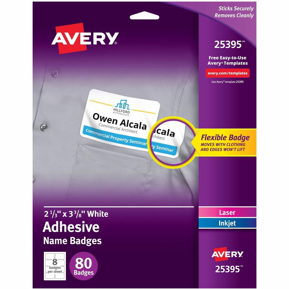 Avery&reg; Adhesive Name Badges - Removable Adhesive - Rectangle - Laser, Inkjet - White - Film - 8 / Sheet - 10 Total Sheets - 80 Total Label(s) - 5 / Carton