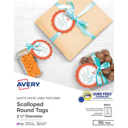 Avery&reg; Textured Round Scallop Tags - 2.50" Diameter - Round Scallop - 5 / Carton - Card Stock, Metal - White