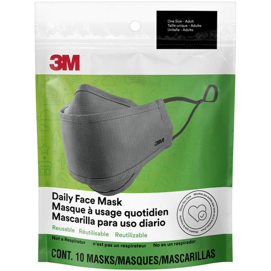 3M Daily Face Masks - Recommended for: Face, Indoor, Outdoor, Office, Transportation - Cotton, Fabric - Gray - Lightweight, Breathable, Adjustable, Elastic Loop, Nose Clip, Comfortable, Washable - 10