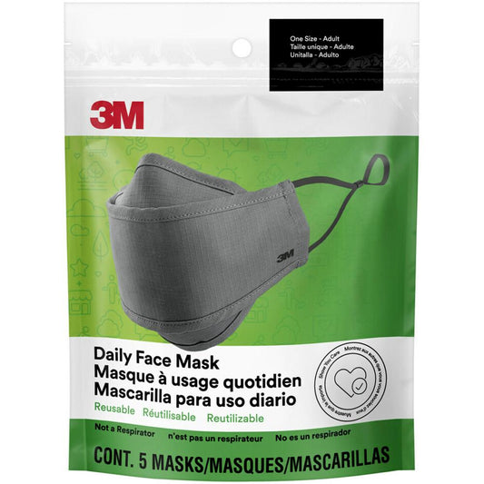 3M Daily Face Masks - Recommended for: Face, Indoor, Outdoor, Office, Transportation - Cotton, Fabric - Gray - Lightweight, Breathable, Adjustable, Elastic Loop, Nose Clip, Comfortable, Washable - 5 /