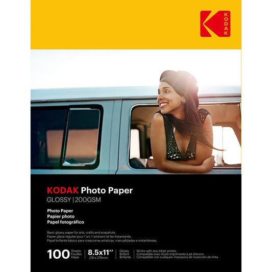 Kodak Glossy Photo Paper - Letter - 8 1/2" x 11" - Glossy - 100 / Pack - Smear Proof, Smudge Proof - White