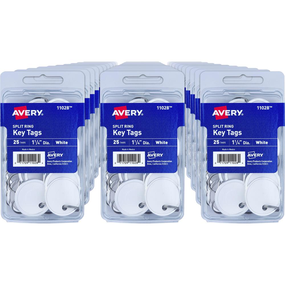 Avery&reg; Round Split Ring Key Tags - 1.25" Diameter - Round - Metal Ring Fastener - 36 / Carton - Metal, Card Stock - White