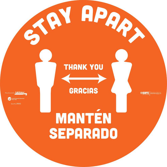 Tabbies STAY APART Messaging Bilingual Floor Decal - 3 / Carton - Stay Apart / Manten Separados Print/Message - 12" Width x 12" Height - Circle Shape - Repositionable, Pressure Sensitive, Tear Resista