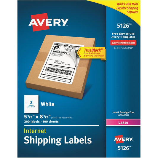 Avery&reg; Internet Shipping Labels, TrueBlock&reg; Technology, Permanent Labels, 5.5" x 8.5" , Laser, 200 Labels (05126) - Avery&reg; Internet Shipping Labels, 5.5" x 8.5" , 200 Total (05126)