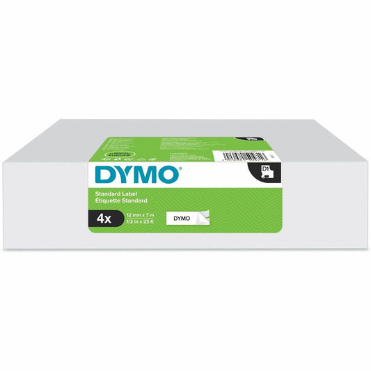 Dymo D1 Electronic Tape Cartridge - 1/2" Width x 23 ft Length - Black, White - 4 / Box - Easy Peel, Durable