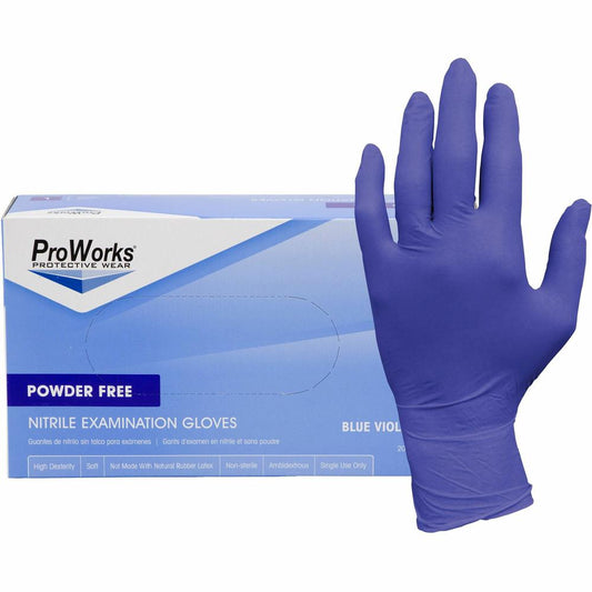 ProWorks Nitrile Exam Gloves - Small Size - Nitrile - Blue Violet - Soft, Flexible, Comfortable, Latex-free, Non-sterile - For General Purpose, Industrial, Food Service, Gardening, Dental - 200 / Box