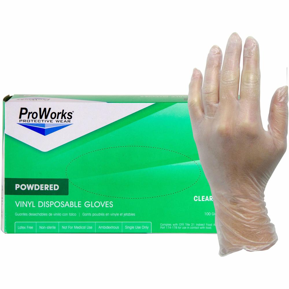 ProWorks Vinyl Powdered Industrial Gloves - Large Size - Vinyl - Clear - Powdered, Non-sterile - For Industrial, General Purpose, Construction, Food Processing, Food Service, Hospitality - 100 / Box -